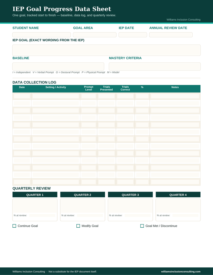 Cover of the IEP Goal Progress Data Sheet