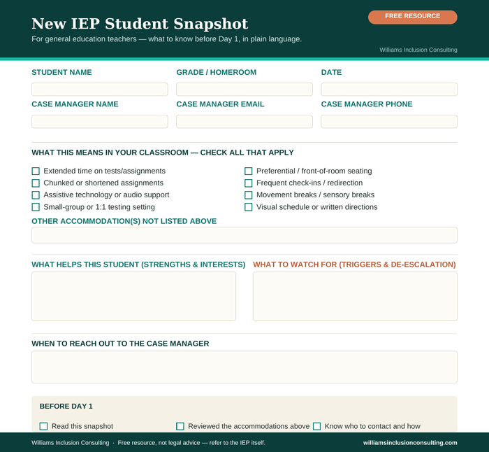 Cover of the New IEP Student Snapshot fillable form