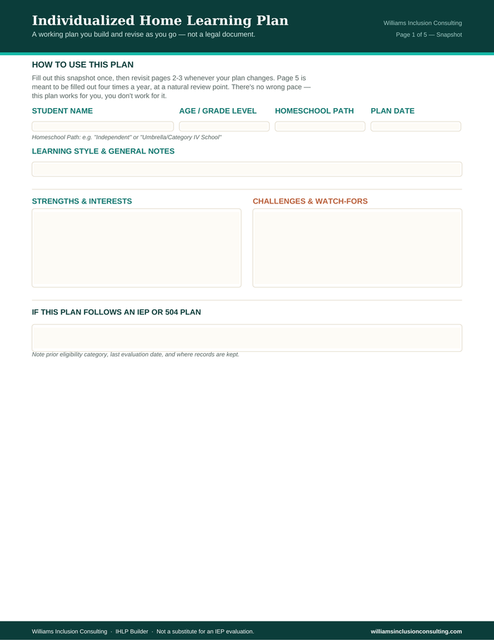 Cover of the Individualized Home Learning Plan (IHLP) Builder
